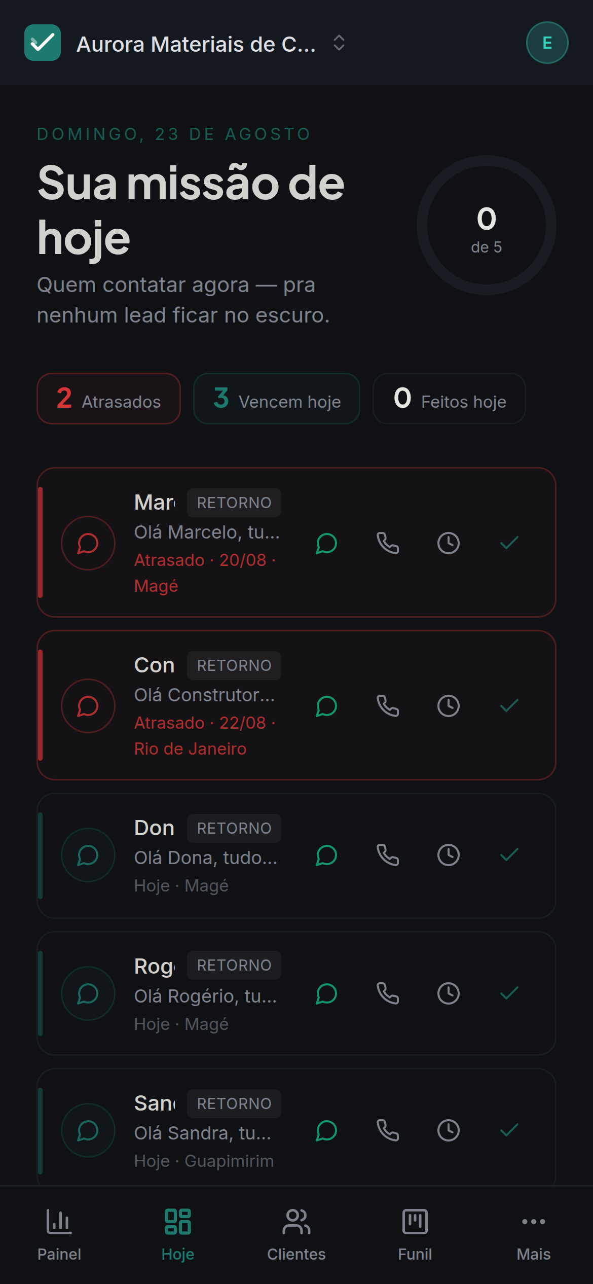 Tela Hoje do Essência CRM num celular, com dois retornos atrasados em vermelho e o botão de WhatsApp em cada cliente